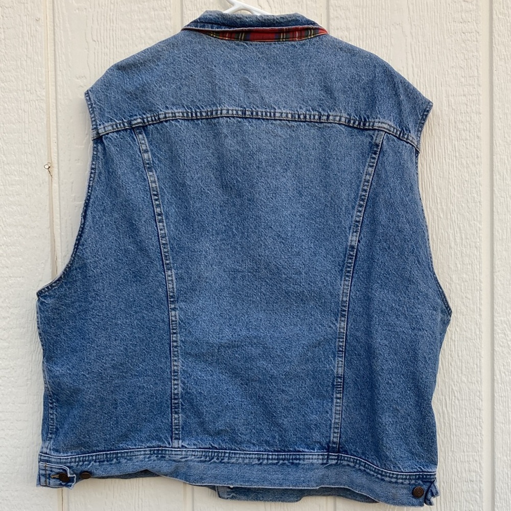 Vintage Lee Trucker Biker Denim Vest Lined Red Plaid Flannel Button Front Y2K - Picture 5 of 9